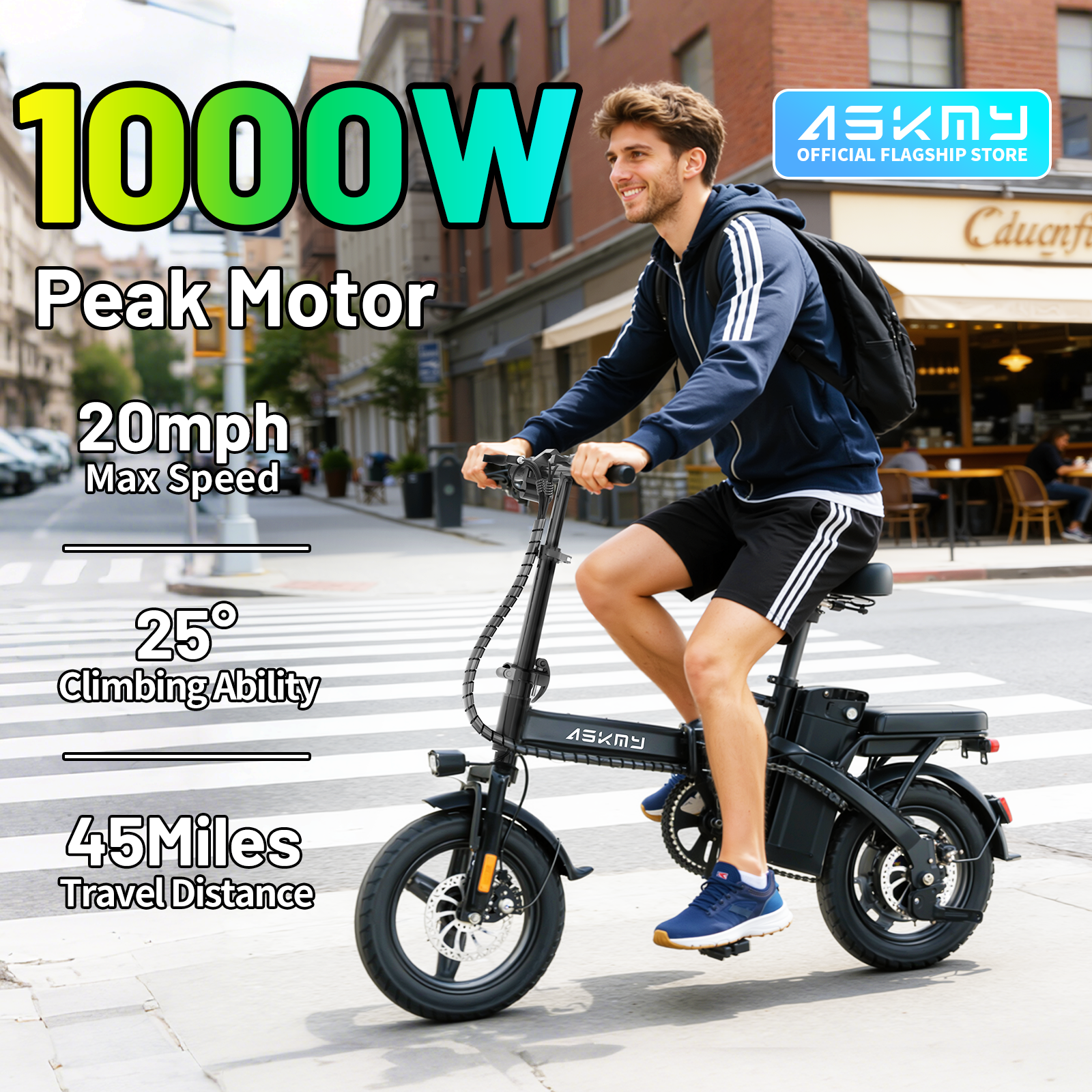 E14Pro 1000W Peak Motor Folding Electric Bike, 45 Miles Range 48V 20Ah Removable Battery Askmy good E bikes Main image