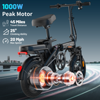 E14Pro Folding Electric Bicycle with 1000W Peak Motor, 20MPH Max Speed & 45 Miles Travel Distance Askmy good E bikes