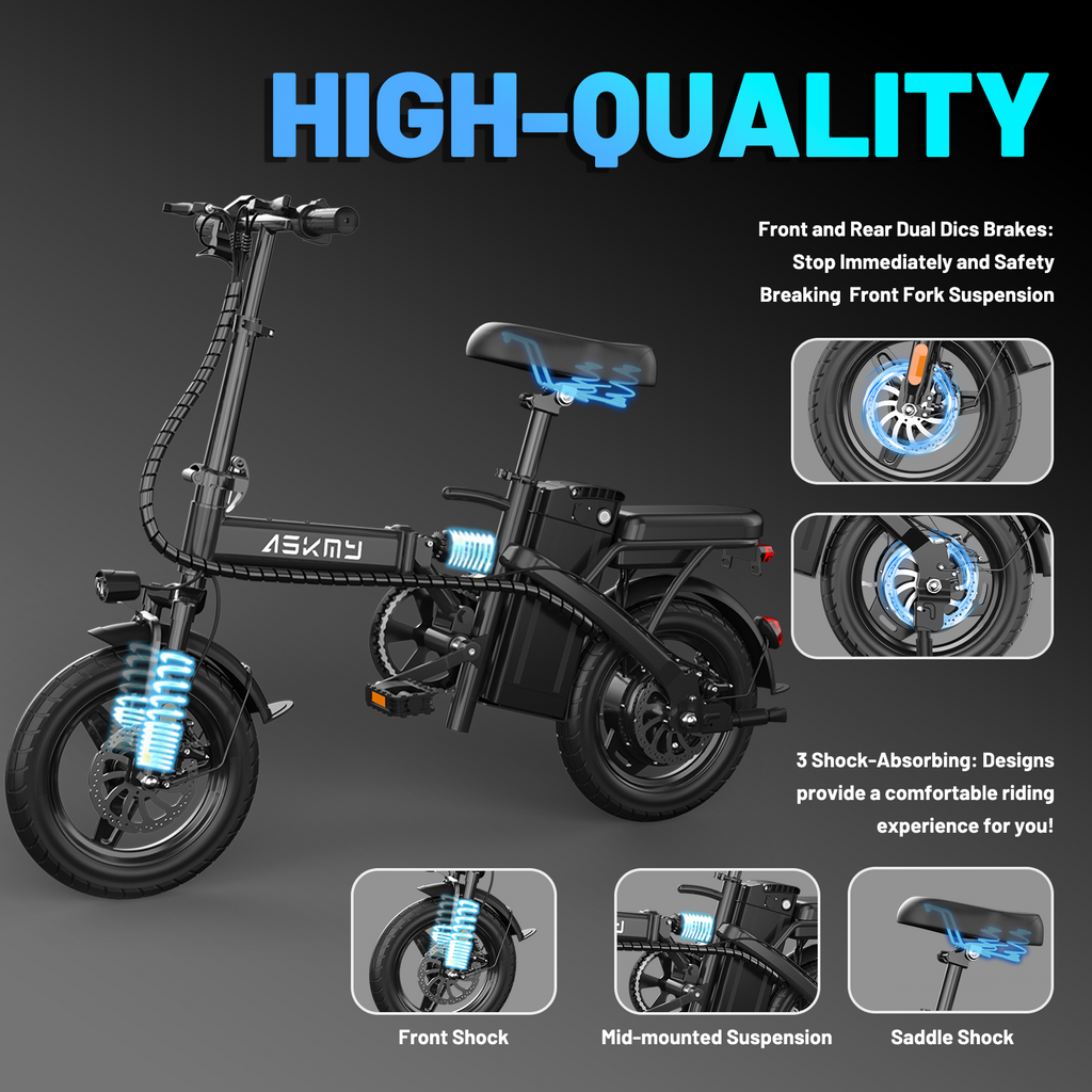 Folding E14Pro Electric Bike 1000W Peak Motor, 25° Climbing Ability, Puncture-Resistant Tires
