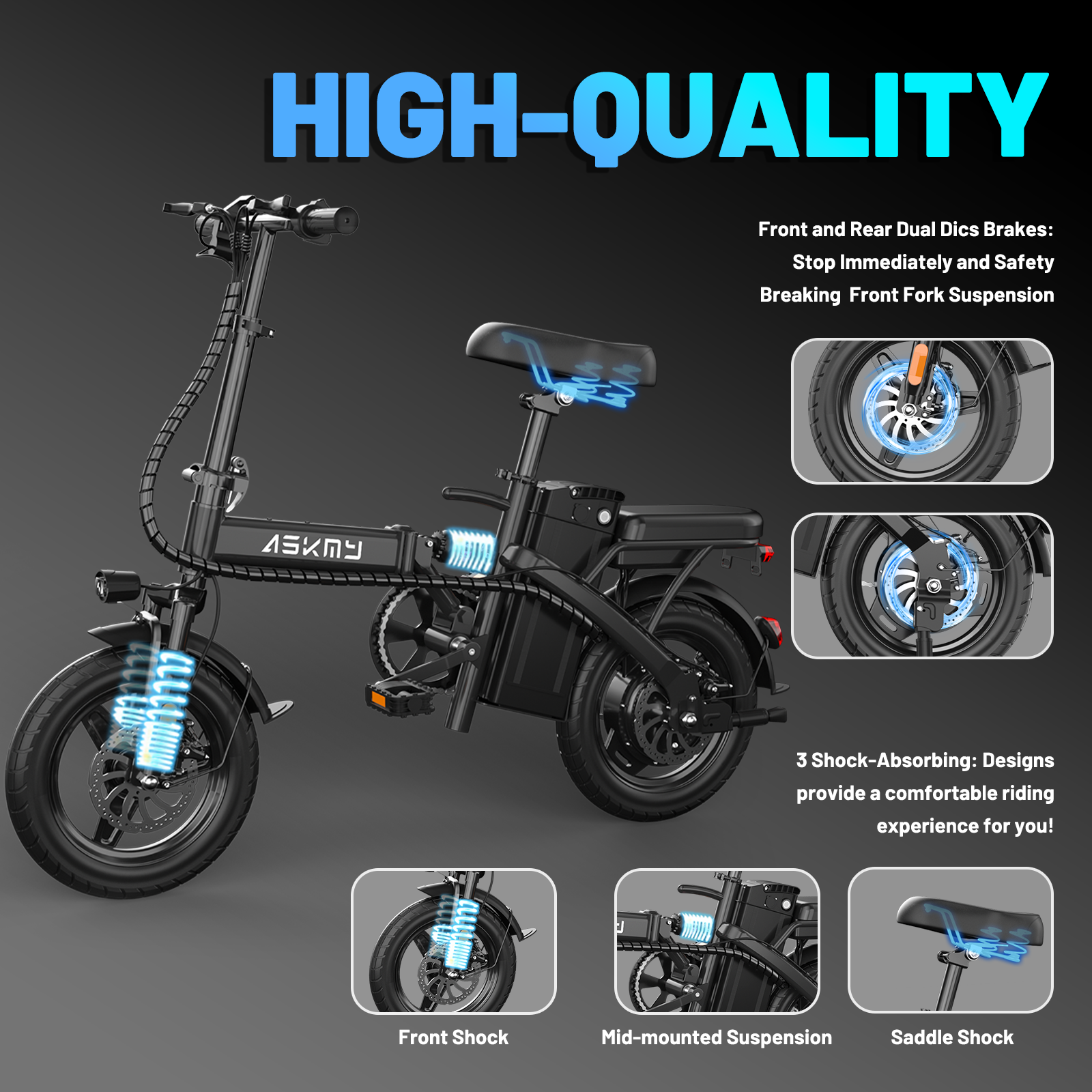Folding E14Pro Electric Bike 1000W Peak Motor, 25° Climbing Ability, Puncture-Resistant Tires