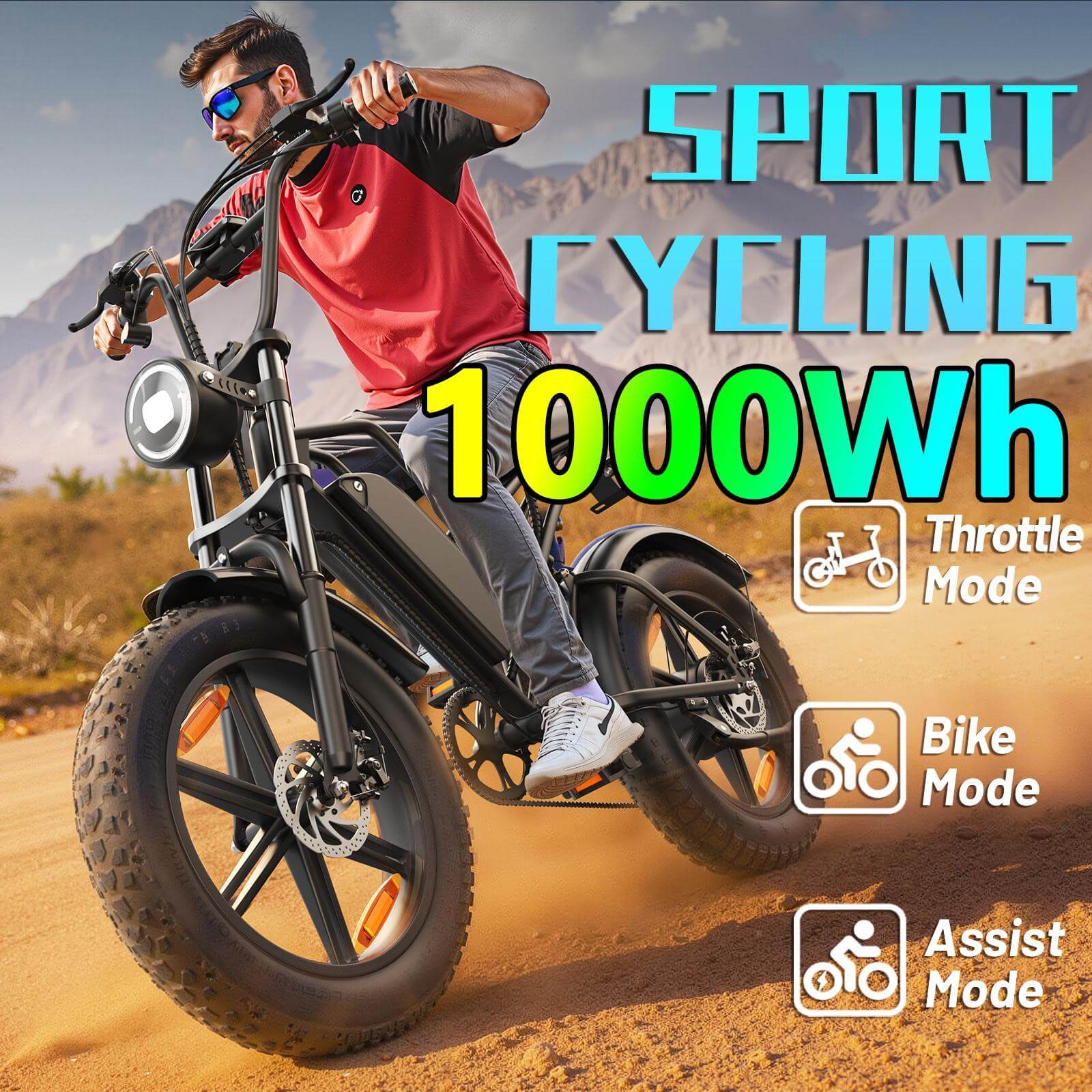 ASKMY E500 All-Terrain E-Bike: 1000Wh Battery, 20" Fat Tires, 7-Speed, for Adults