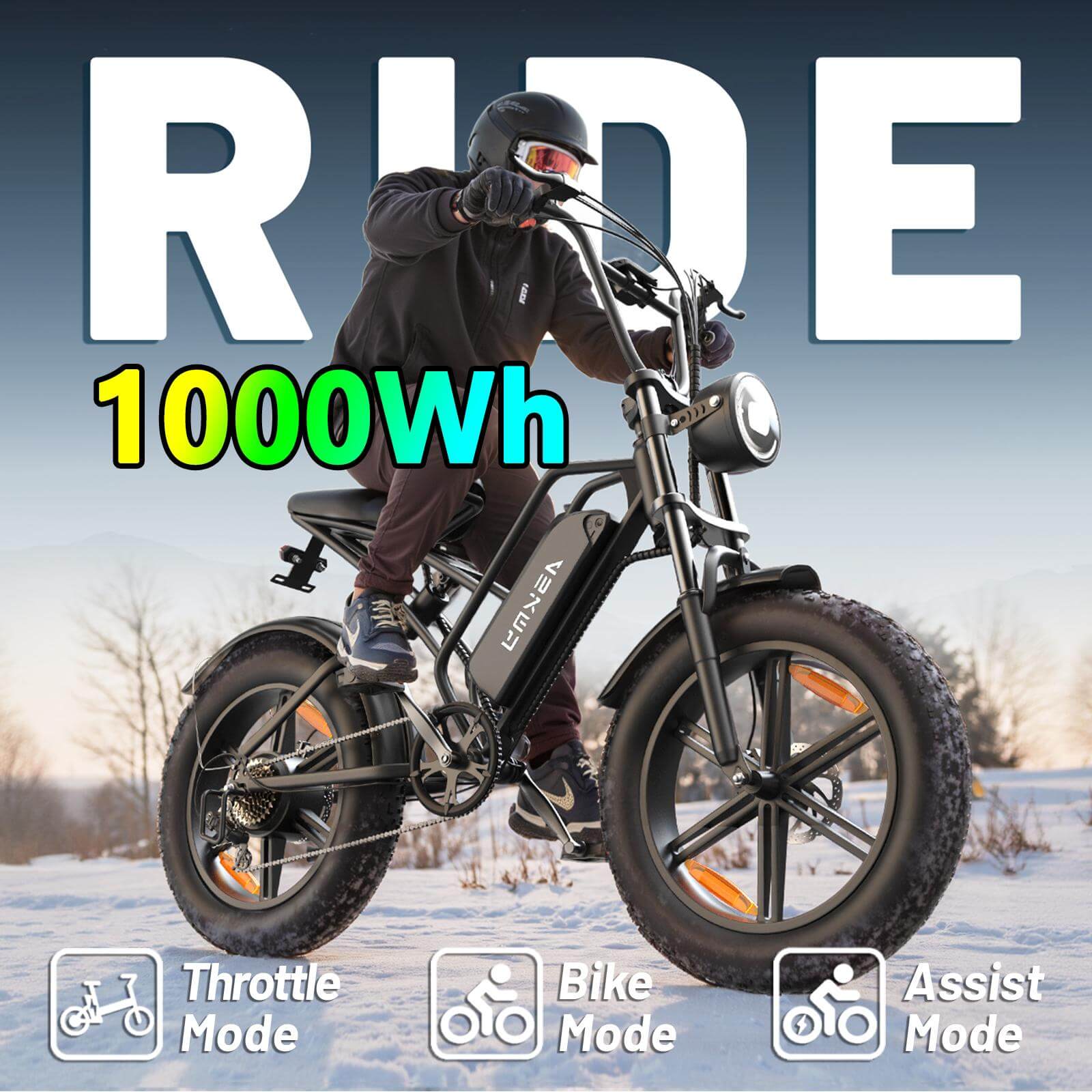 ASKMY E500 All-Terrain E-Bike: 1000Wh Battery, 20" Fat Tires, 7-Speed, for Adults