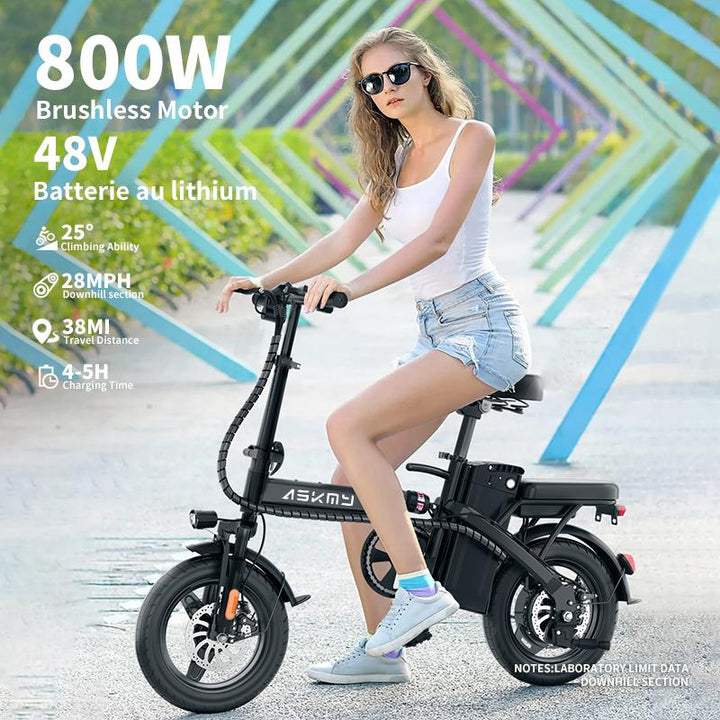 E14 48V Folding E-Bike: 800W Peak Motor, 14" Tubeless Tires, LED Display