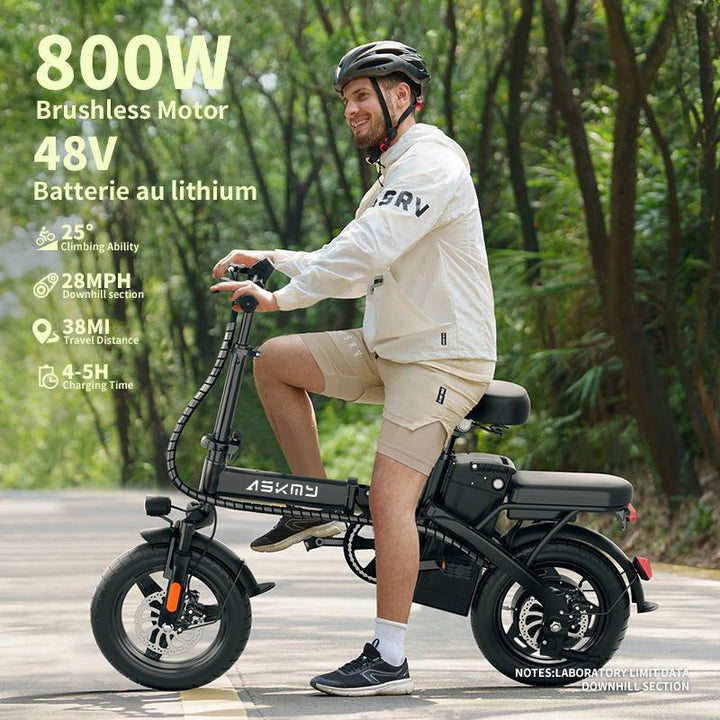 E14 48V Folding E-Bike: 800W Peak Motor, 14" Tubeless Tires, LED Display
